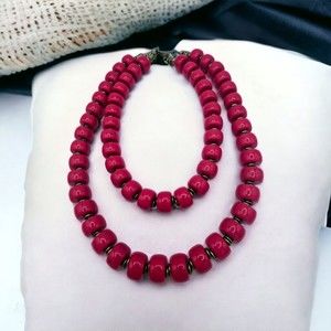 Premier Designs Necklace Choker Fuchsia Beaded Double Strand Boho Brass Tones